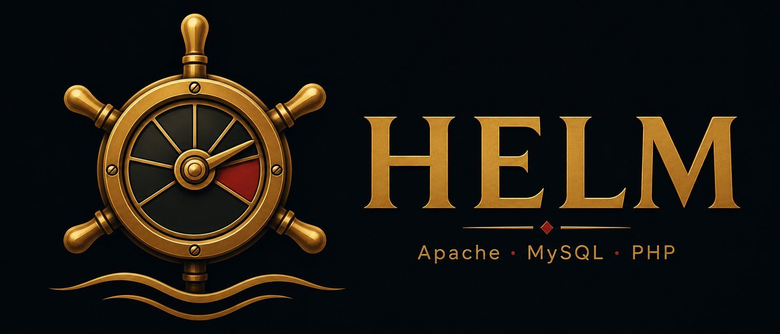 Helm logo, a ship's wheel with an engine telegraph gauge, brass on navy